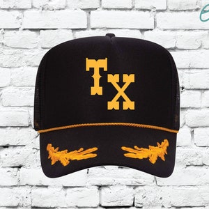 Custom State Trucker Hats Nautical Black Gold Captain Hat Oak Leaves Personalize TX Snapback Mesh Hat