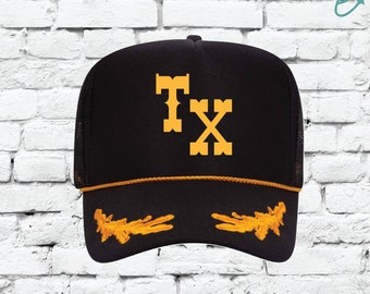 Custom State Trucker Hats Nautical Black Gold Captain Hat Oak Leaves Personalize TX Snapback Mesh Hat