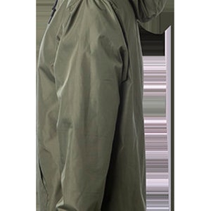 May include: A green hooded jacket with a zipper closure. The jacket is made of a lightweight, water-resistant material.