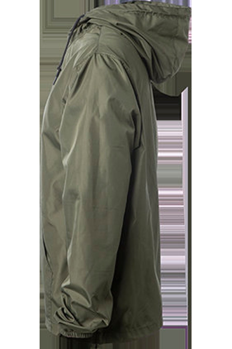 May include: A green hooded jacket with a zipper closure. The jacket is made of a lightweight, water-resistant material.