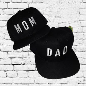 Mom and Dad Snapbacks Custom Print Snapbacks Baby Announcement Couple Hats Parents Flat Brim Navy and Pink Hats