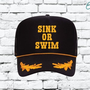 Sink or Swim Hat Black and Yellow Trucker Hat Nautical Gold Hat Yacht Sailor Oak Leaves Adjustable Snapback Mesh Hat