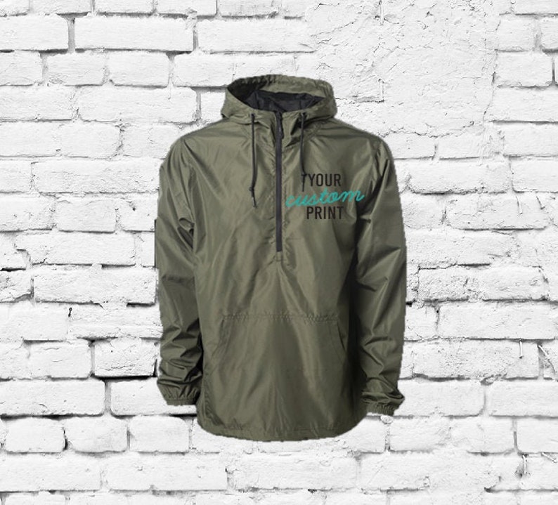 May include: A green hooded anorak jacket with a zipper closure and a teal blue text print that says "YOUR custom PRINT".
