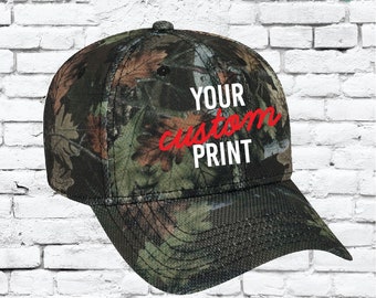 Custom Embroidery Camo Snapback Mossy Camoflauge Hunting Sport Brim Hat Cap Green Camo Tricot Mesh Hat Oak Leaves