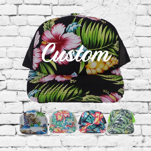 Custom Trucker Hats Mesh Back Hat Snapback Customizable Party Hats Hawaiian Print