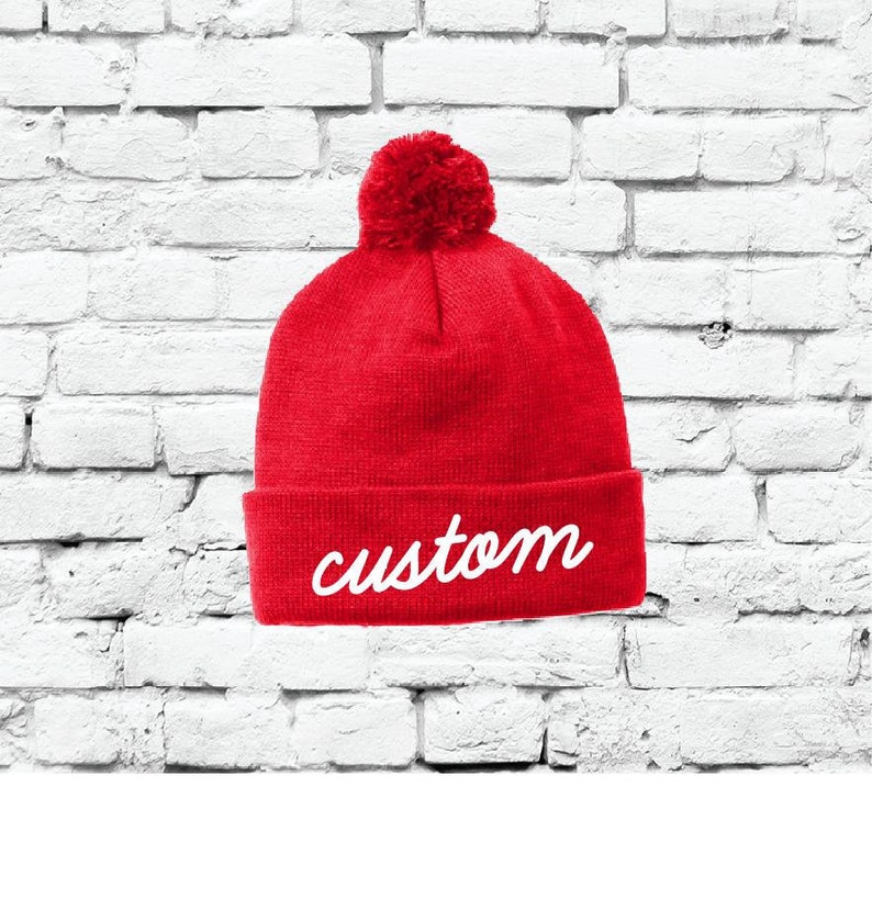 Red Pom Pom Beanie Custom Knit Hats Throwback Winter Hat Personalized Hats