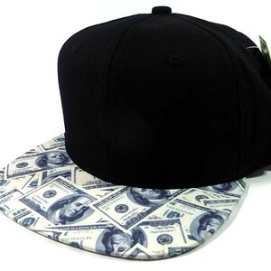 Custom Embroidery Black Snapback Benjamin 100 Dollar Bill Money Print Hat Adjustable Custom Cap Cash Allover