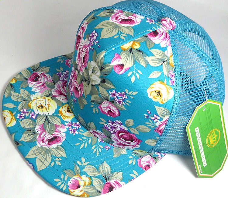 Custom Embroidery Floral Snapback Trucker Hat Turquoise Pink  display picture 1