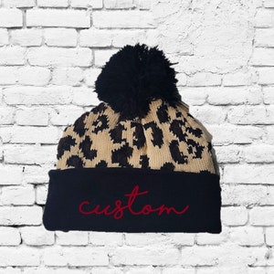 Custom Pom Pom Beanie Leopard Animal Print Hats Monogram Your Print or Logo Embroidery Hats