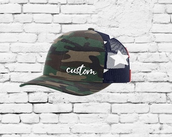 Custom Embroidery Trucker Hat Camo and Stars and Stripes Flag Richardson 112 Trucker Your Custom Print Mesh Back Trucker Hat