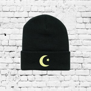 Crescent Moon and Star Knit Hat Custom Embroidery Beanie Your Color Choices