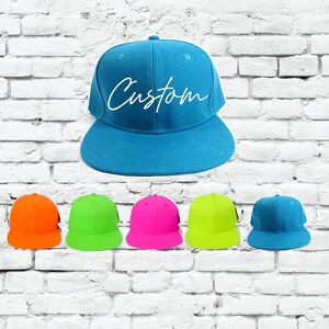 Custom Embroidery Snapback Hat Neon Embroidered Hat Your Color Choice Custom Embroidery Solid Black Flat Bill Snapback