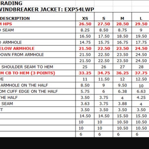May include: A chart showing measurements for a men's anorak windbreaker jacket in sizes XS to 3XL. The measurements are listed in inches and include front length, neck width, shoulder width, chest, waist, sleeve length, armhole, bicep, sleeve width, sleeve opening, neck drop, blizzard neck height, hood height, hood width, pocket height, and pocket opening.