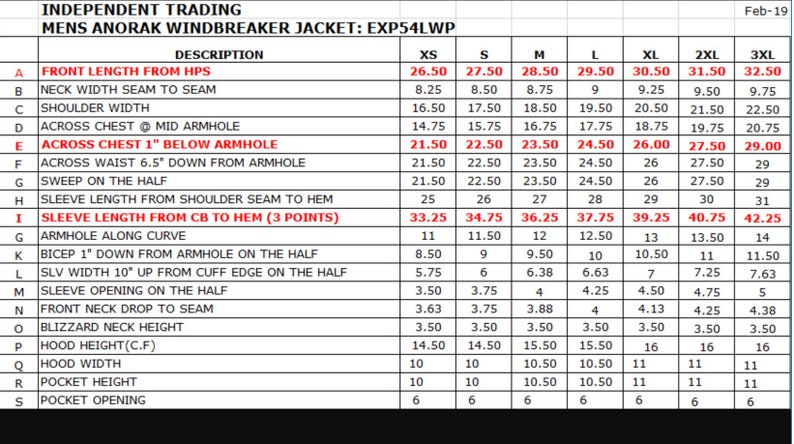 May include: A chart showing measurements for a men's anorak windbreaker jacket in sizes XS to 3XL. The measurements are listed in inches and include front length, neck width, shoulder width, chest, waist, sleeve length, armhole, bicep, sleeve width, sleeve opening, neck drop, blizzard neck height, hood height, hood width, pocket height, and pocket opening.
