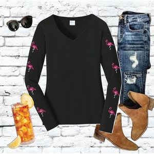 Flamingo Sleeves Shirt Ladies Long Sleeve Vacation Vibes V-Neck Tee with Relaxed Fit Sleeves Jersey Knit Top