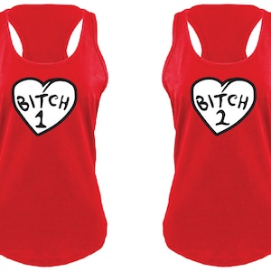 Bit*h 1 and Bit*h 2 Tank Tops Fun Funny T-shirt Drinking Tee Women&#39;s V-Neck T-shirt Relaxed Fit Tee