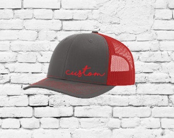 Custom Embroidery Trucker Hat Charcoal Grey and Red Richardson 112 Your Custom Print Mesh Back Trucker Hat