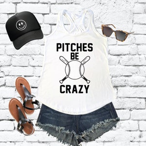 Pitches Be Crazy Tank Top Women&#39;s Racerback Baseball Game Mom Graphic Tee Custom Colors Personalized