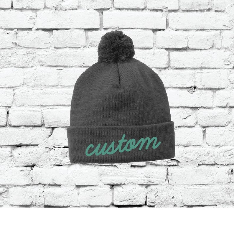 Grey Pom Pom Beanie Custom Knit Hats Throwback Winter Hat Personalized Hats