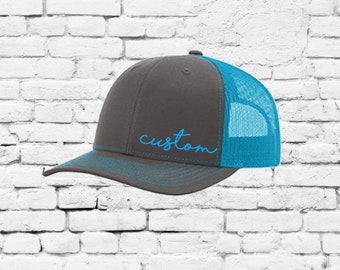 Custom Embroidery Trucker Hat Grey and Teal Richardson 112 Your Custom Print Mesh Back Trucker Hat