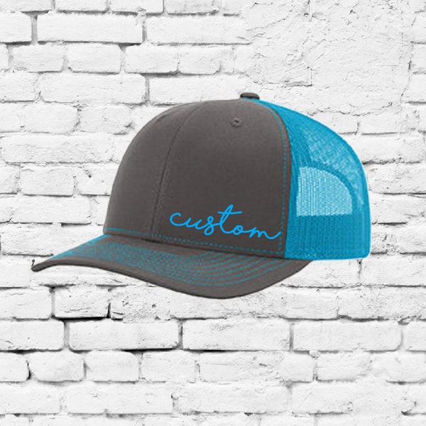 Custom Embroidery Trucker Hat Grey and Teal Richardson 112 Your Custom Print Mesh Back Trucker Hat