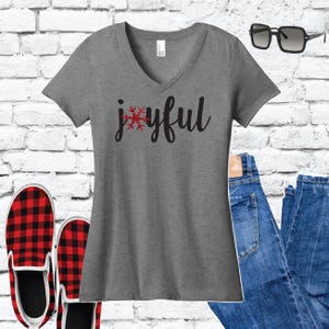 Joyful Print Frauen V-Ausschnitt T-Shirt Schneeflocke Weihnachtshemd Gepflegtes T-Shirt, DM1170L