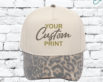 Benutzerdefinierte Stickerei gewaschen Leopardenmuster 5 Panel Baseballmütze Personalisierte zweifarbige Twill Hut Snapback mit verstellbarer Rückseite