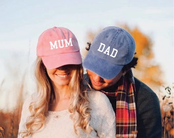 Mum and Dad Hats English Mom Hat Unstructured Dad Hat Gift or Baby Announcement Coral and Royal with White Thread