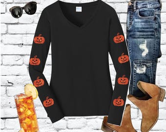 Pumpkin Sleeves Shirt, Ladies Long Sleeve Top, Cute Halloween V-Neck Tee, Relaxed Fit Jersey Knit Top, LPC450VLS