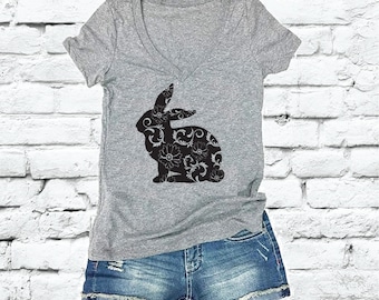 Paashaas Bloemen T-shirts Custom Kleur Print vrouwen V-hals Aansluitend T-shirt Bloemen Lente Konijn Shirt Vrolijk Pasen Tee