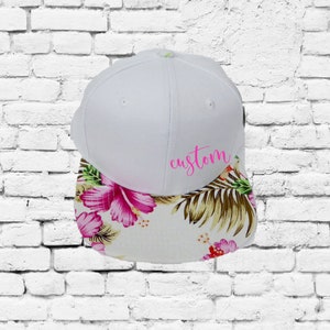 Youth Custom Embroidery Hawaiian Snapback Pink Hawaiian Floral Brim White Hat