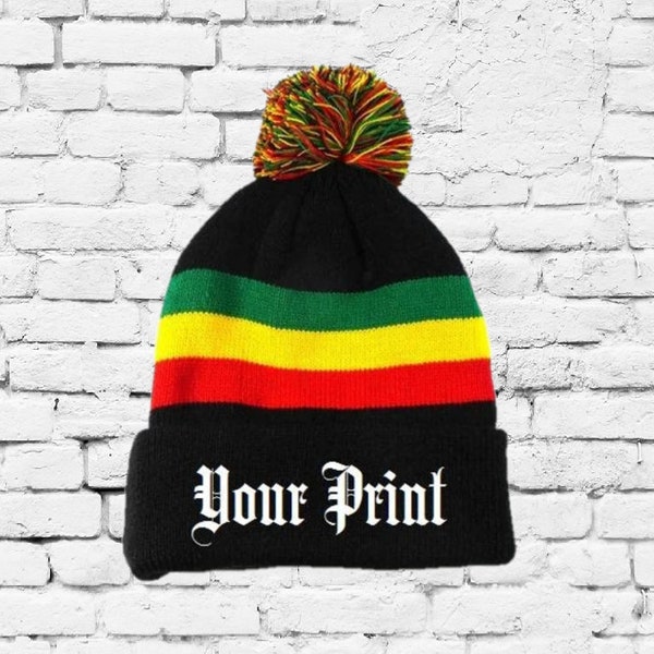 Personalized Rasta Pom Pom Beanies / Throwback Beanie / Skull Cap / Custom Green, Yellow, Red and Black Stripe / Knit Hats