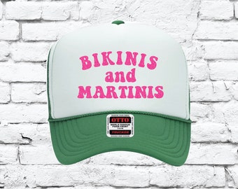 Bikinis and Martinis Trucker Hat, Cute Trucker Hats, Custom Beach Summer Hat, Foam Mesh back Snapback
