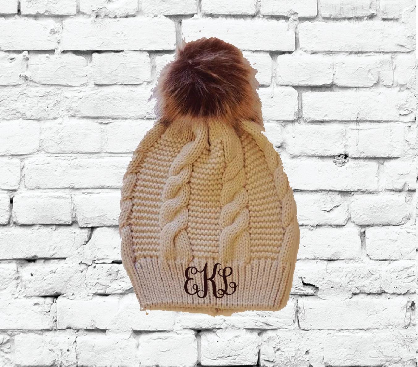 Custom Pom Pom Beanies Tan Cable Knit Hats Monogram Hats 