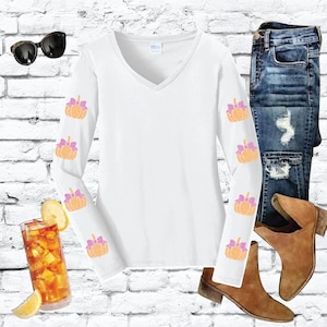 Bow Pumpkin Sleeves Shirt Ladies Long Sleeve Cute Halloween V-Neck Tee with Relaxed Fit Sleeves Jersey Knit Top