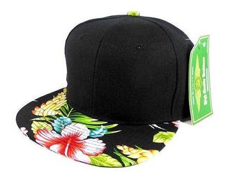 Custom Embroidery Hawaiian Floral Brim Black Hat Snapback Black Cap with Multicolor Brim