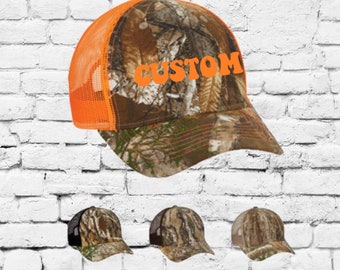 Custom Embroidery Trucker Hat Realtree Edge Camo and Brown or Neon Orange Mesh Zeek Outfitters Your Custom Print Mesh Back