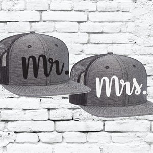 Mr. and Mrs. Black Heather Grey Chambray Trucker Hat Snapback Flat Brim Solid Hat with Mesh Back Snapback