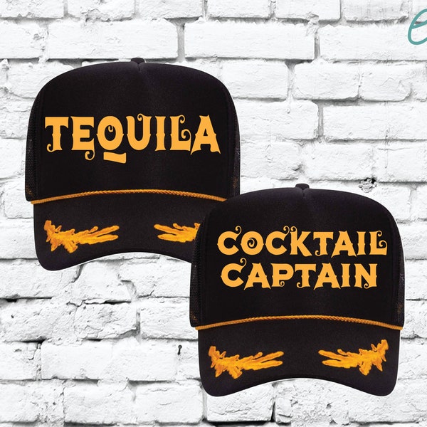 Tequila Cocktail Captain Hat Black and Yellow Trucker Hat Nautical Gold Hat Yacht Sailor Oak Leaves Adjustable Snapback Mesh Hat