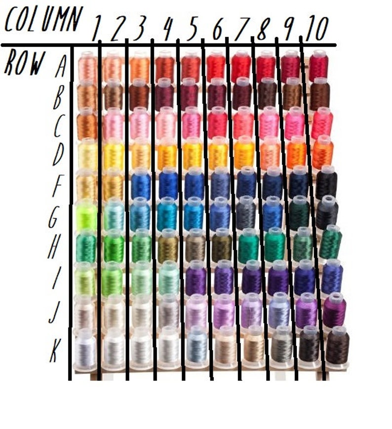 Puede incluir: Un gr&aacute;fico con filas etiquetadas de la A a la K y columnas etiquetadas del 1 al 10. Cada celda contiene un carrete de hilo de un color diferente.