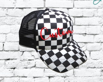 Custom Checkered Trucker Hats Mesh Back Hat Snapback Checkerboard Print