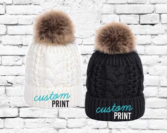 Custom Winter Fleece Lined Cable Knit Hat Removable Faux Fur Pom Pom Beanie Hat