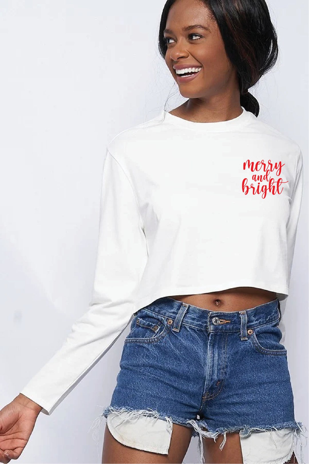 Merry and Bright Crop Top T-shirt Fall Cropped Long Sleeve