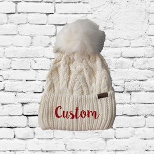 Youth Custom Pom Pom Beanies White Cable Knit Hats Monogram Embroidery Infant Toddler Kids