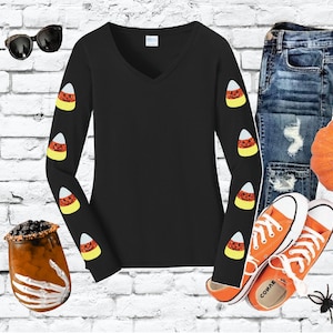 Candy Corn Kürbis Ärmel Shirt Damen Langarm Süß Halloween T-Shirt mit V-Ausschnitt und entspannter Passform Ärmeln Jersey Strick Top