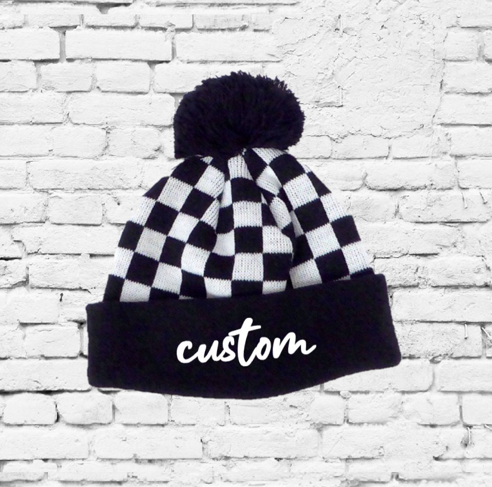 Custom Pom Pom Beanies Checkered Knit 