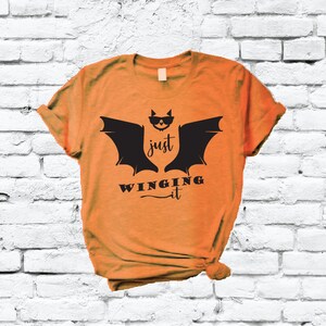 Just Winging it Shirt Fall Cute Bat Shirt Shades Cool Batty Graphic Tee Halloween Unisex Crew Neck T-shirt Relaxed Retail Fit