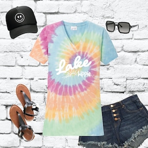 Lake Hippie Tie-Dye V-Neck Tee Womens T-shirt Cute Shirt Personalized Relaxed Fit Tee