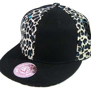 Custom Embroidery Leopard Animal Print Snapback Printed Brim Black Hat Adjustable Custom Cap