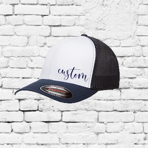 Navy and White Trucker Hat Yupoong Retro Custom Embroidery Your Custom Print Mesh Back